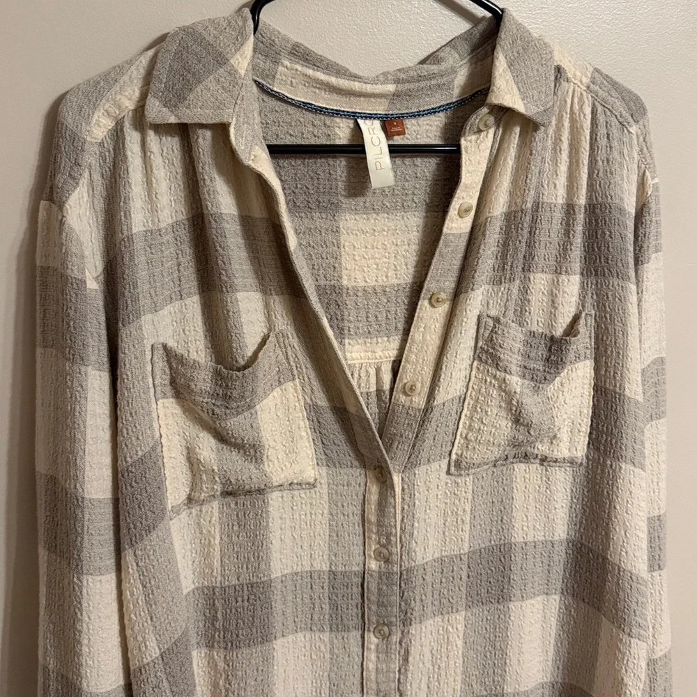 Anthropologie Pilcro Women's Plaid Button Front Textured Gauzy Long Sleeve Shirt